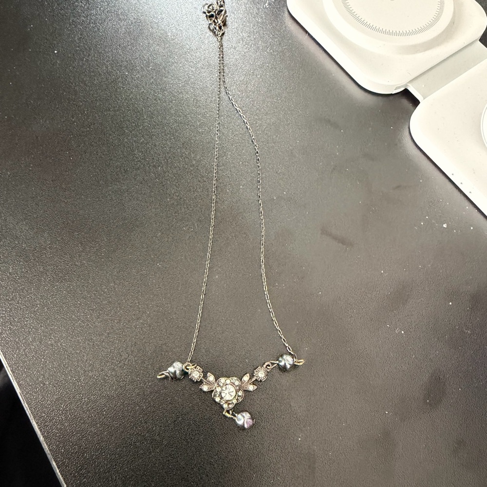 Delicate Crystal Floral Pendant Necklace - Silver Tone